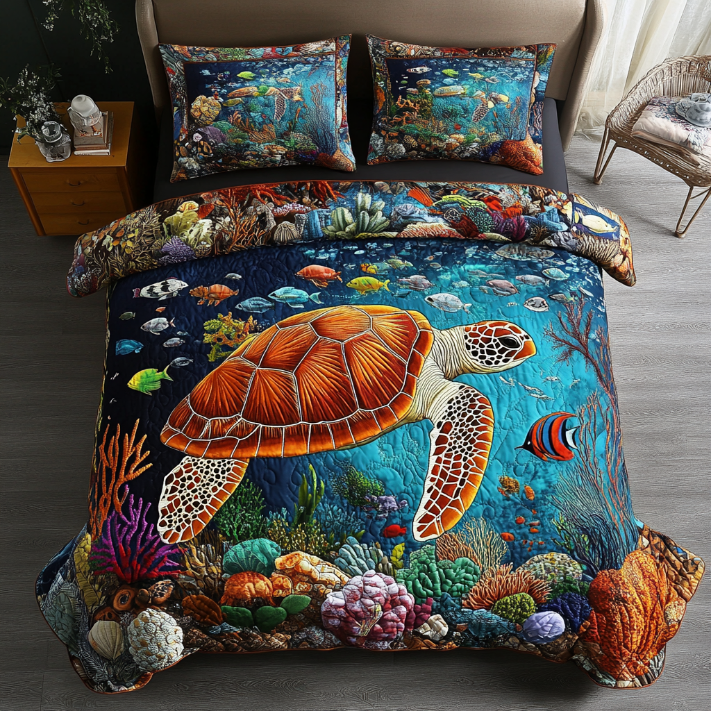 Turtle Tranquil Quilted Bedding Set Bed Decorations Sea Turtle Merchandise