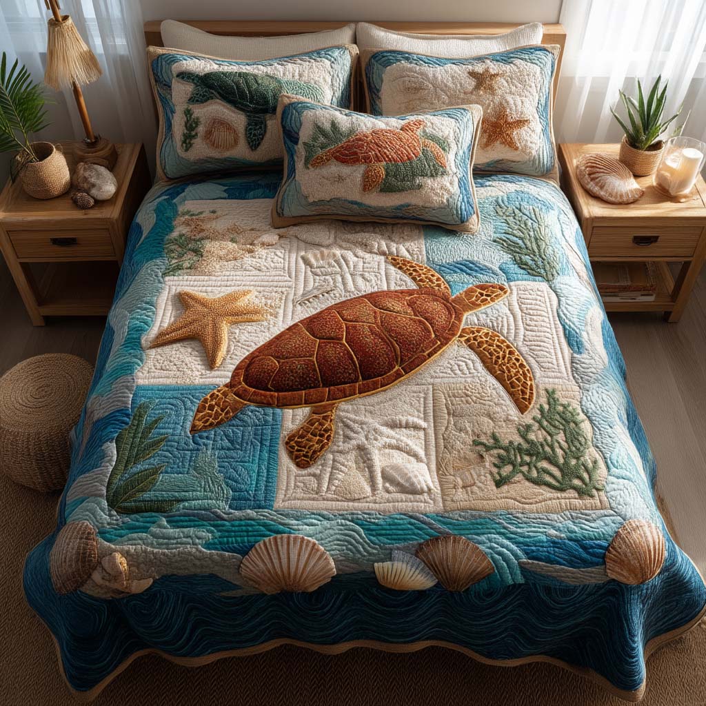 Turtle Tranquility Quilted Bedding Set Cozy Bedroom Decor Sea Turtle Gift Ideas