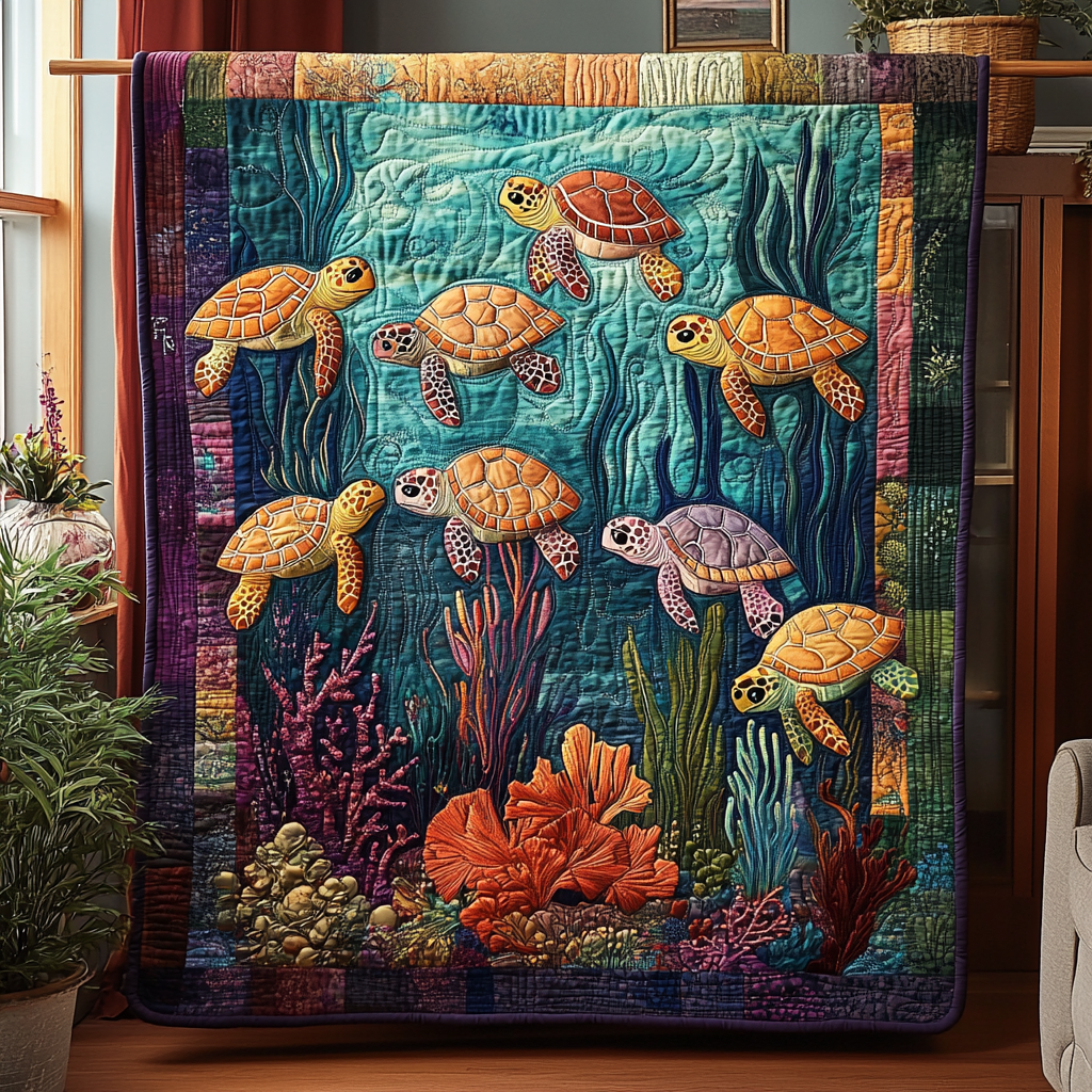 Turtle Tranquility Quilted Blanket Bedroom Xmas Decor Sea Turtle Gift Ideas