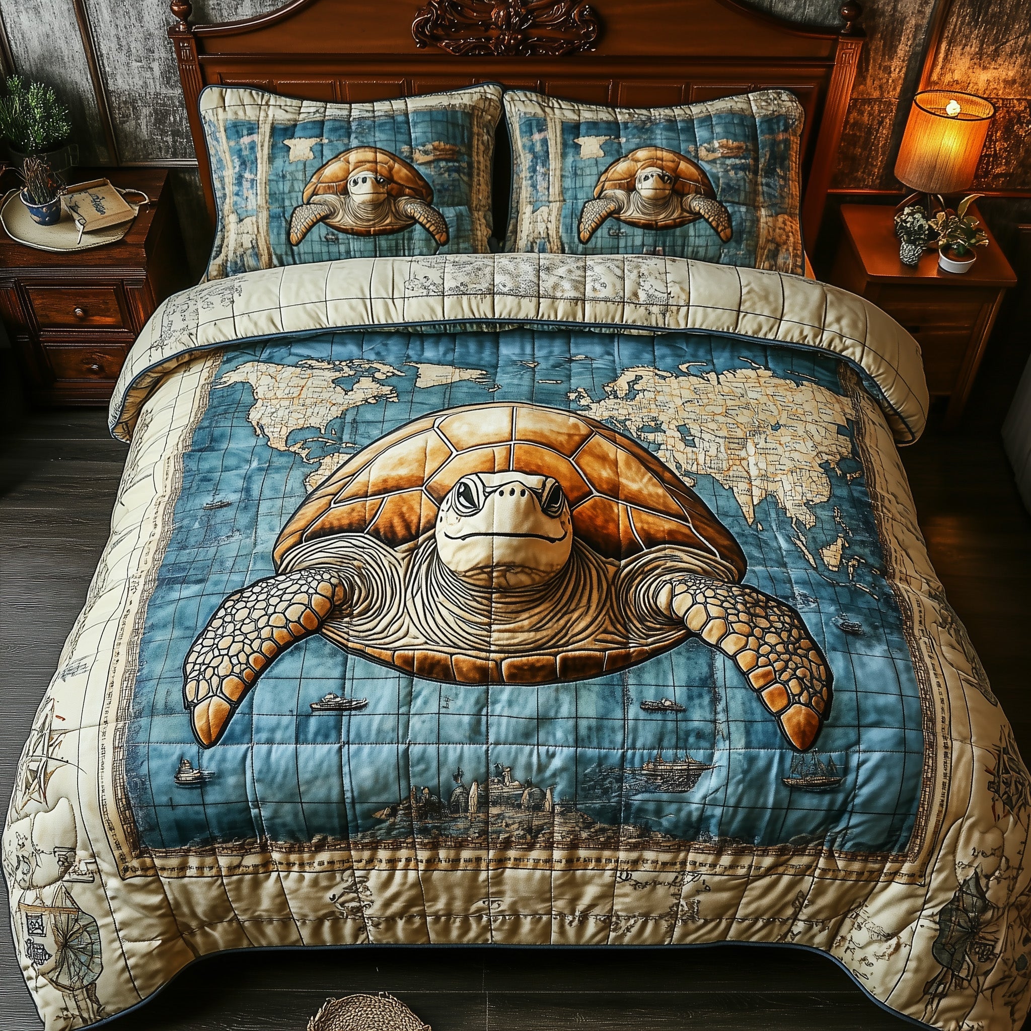 Turtle Trek Quilted Bedding Set Duvet Cover Bed Sheet Sea Turtle Themed Gifts