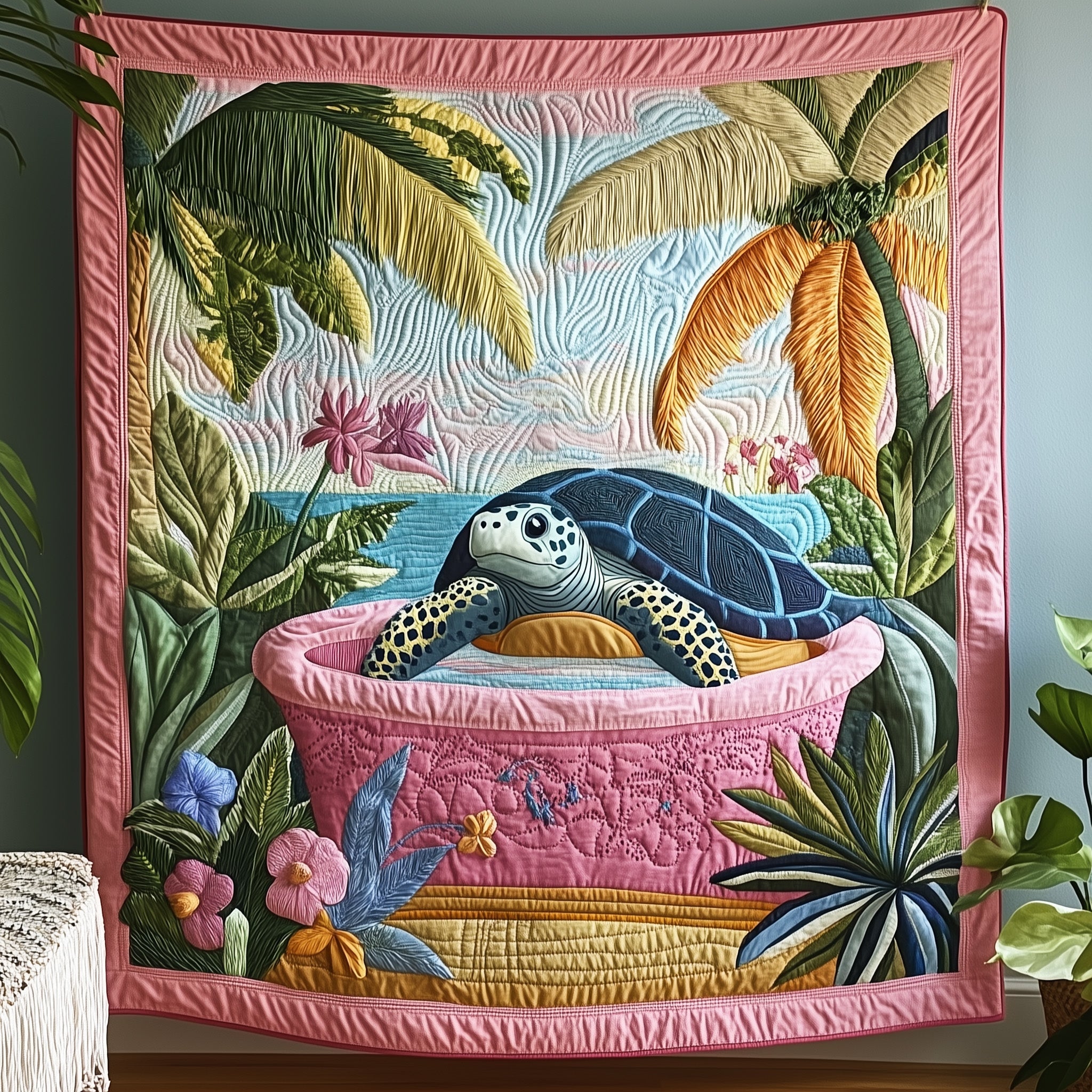 Turtle Tropical Bathtub Quilted Blanket Best Couch Throw BlanketGifts For People Who Loves Sea Turtle