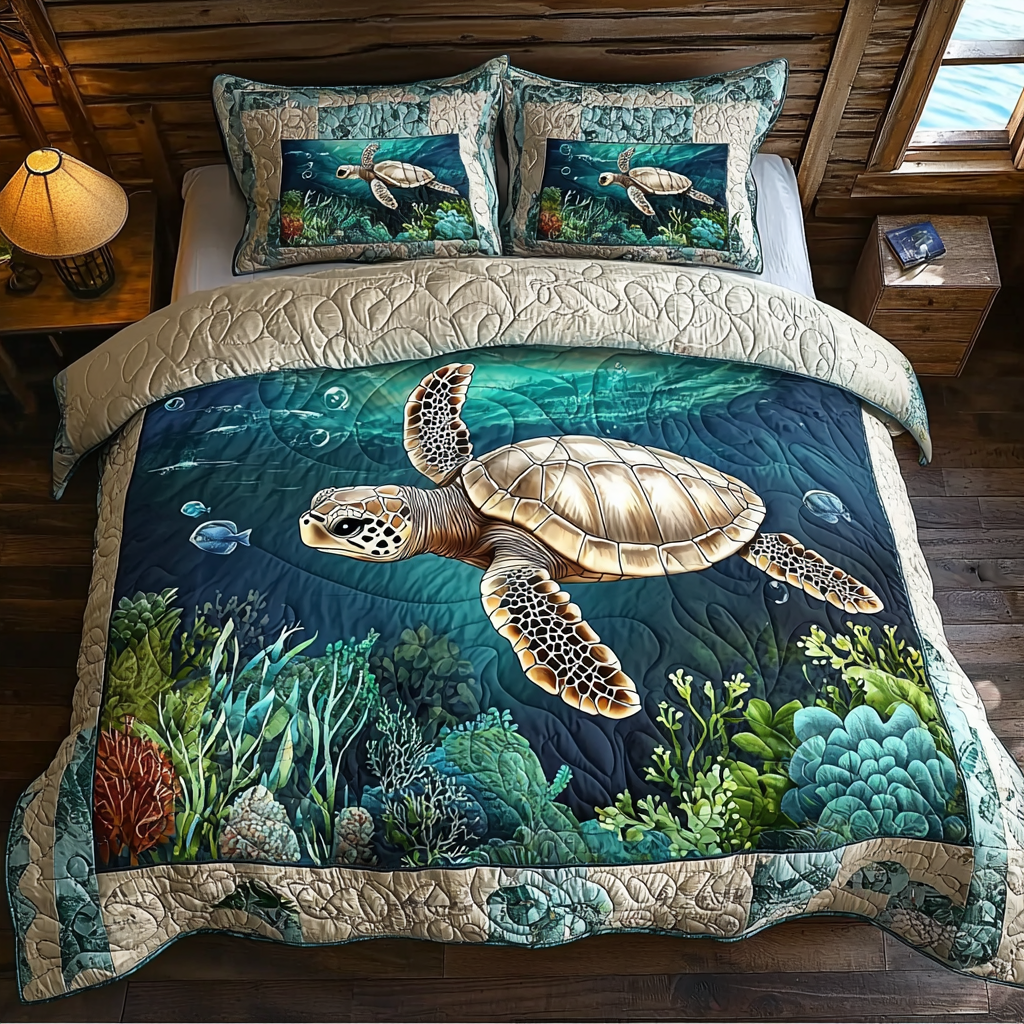 Turtle Wanders Quilted Bedding Set Cozy Comforter Set for Winter Warmth