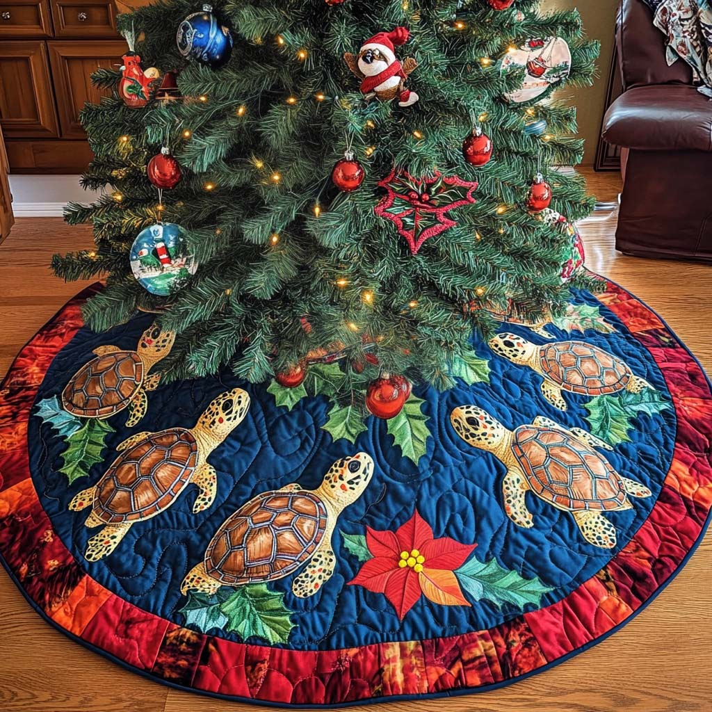 Turtles Journey Christmas Quilted Tree Skirt Holiday Party Decor for Home