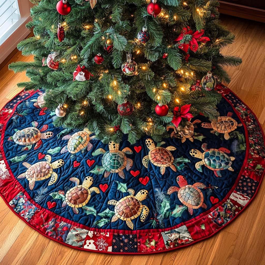 Turtles Joy Christmas Quilted Tree Skirt Xmas Under-Tree Decoration