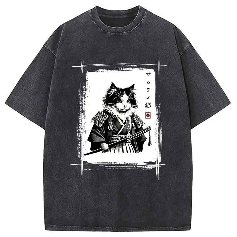 Tuxedo Samurai Cat Washed T-Shirt Cool Graphic Tee For Men Women Gifts For Her