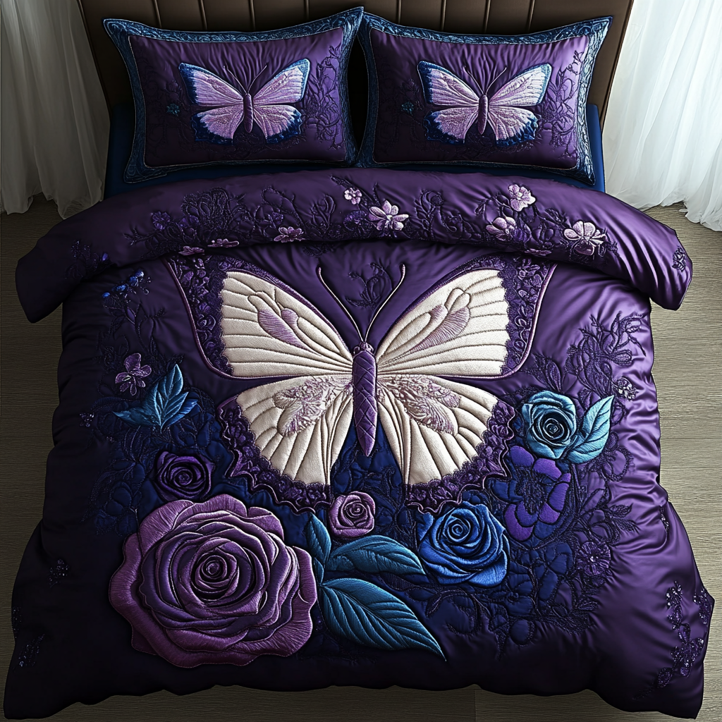 Twilight Butterfly Rose Quilted Bedding Set Soft Bed Sheet and Pillowcase Set for Relaxing Nights