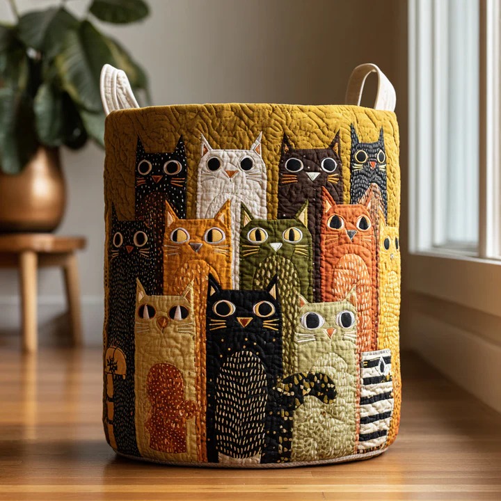 Twilight Cats Quilted Laundry Basket Boho Dusk Sky Cat Home Decor Best Gift For Cat Lovers