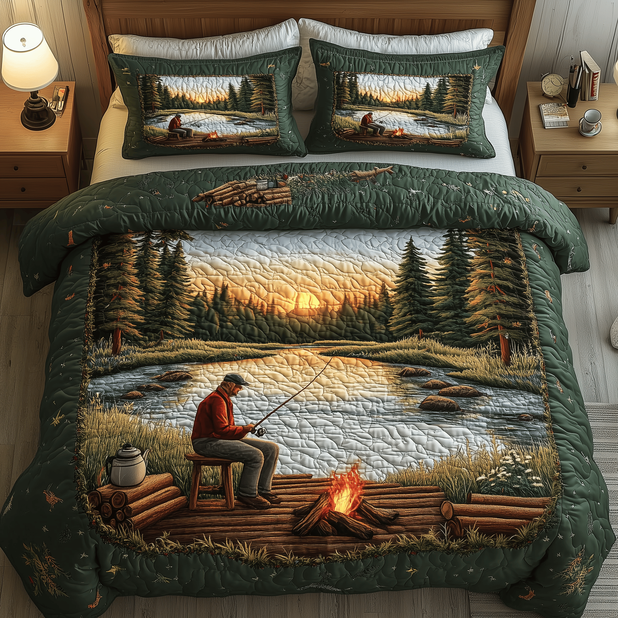 Twilight Fishing Quilted Bedding Set Best Gifts For Fisherman