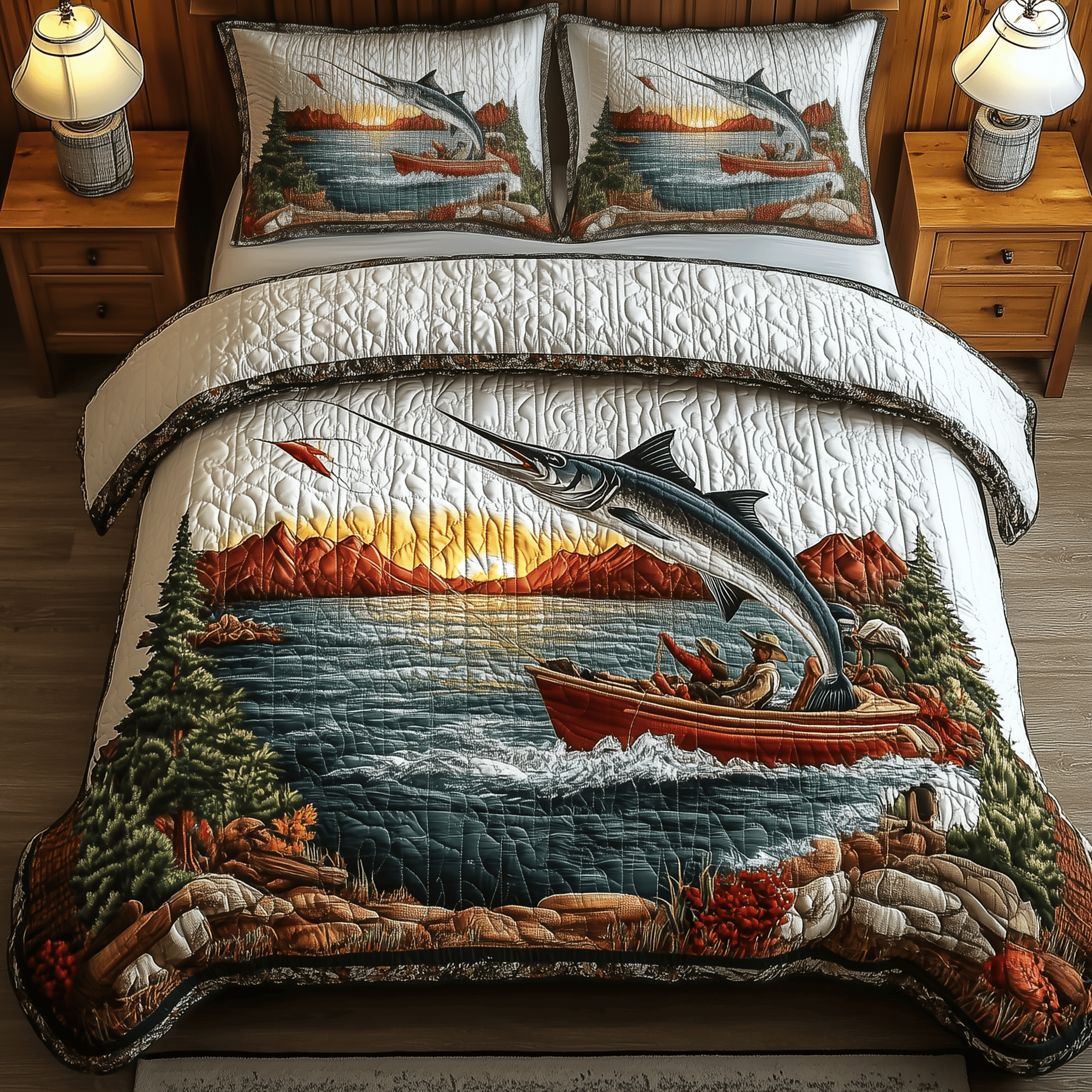 Twilight Fishing Quilted Bedding Set Fishing Father'S Day Gifts