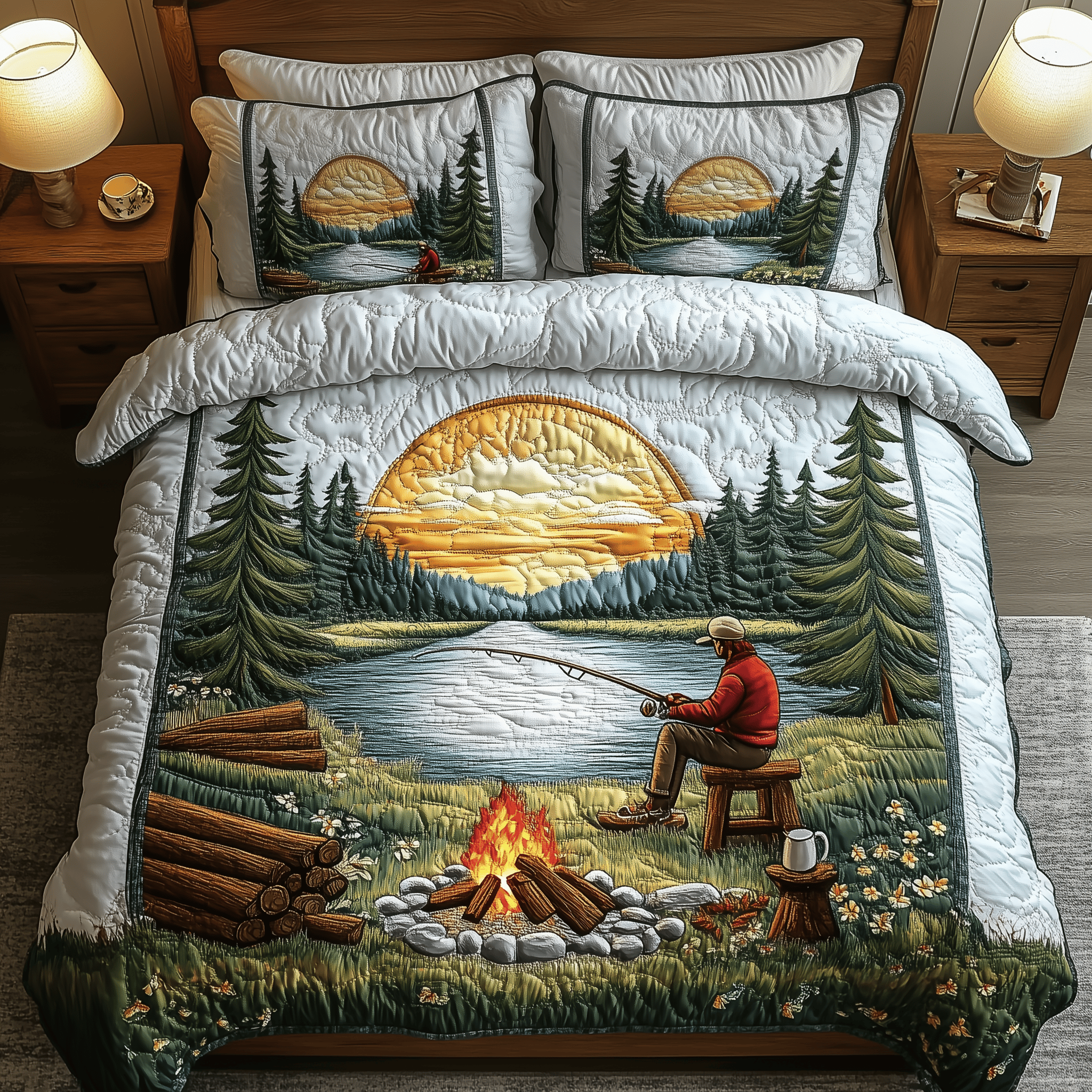 Twilight Fishing Quilted Bedding Set Fishing Gifts For Dad