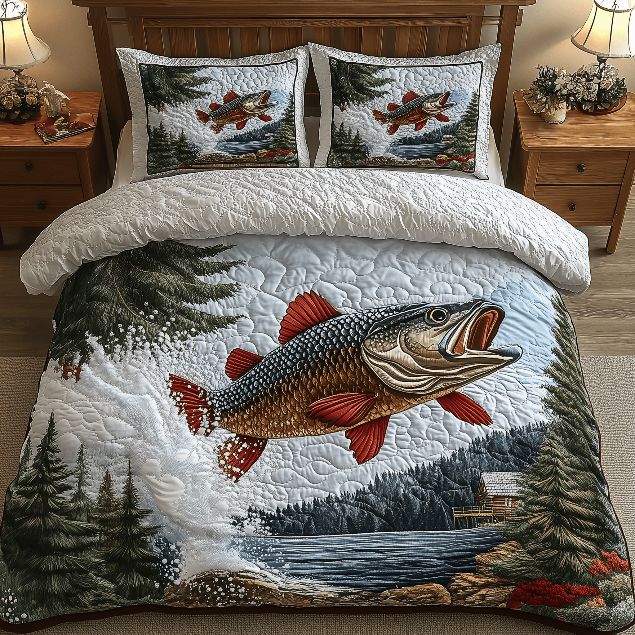 Twilight Fishing Quilted Bedding Set Gifts For Fishing Lovers