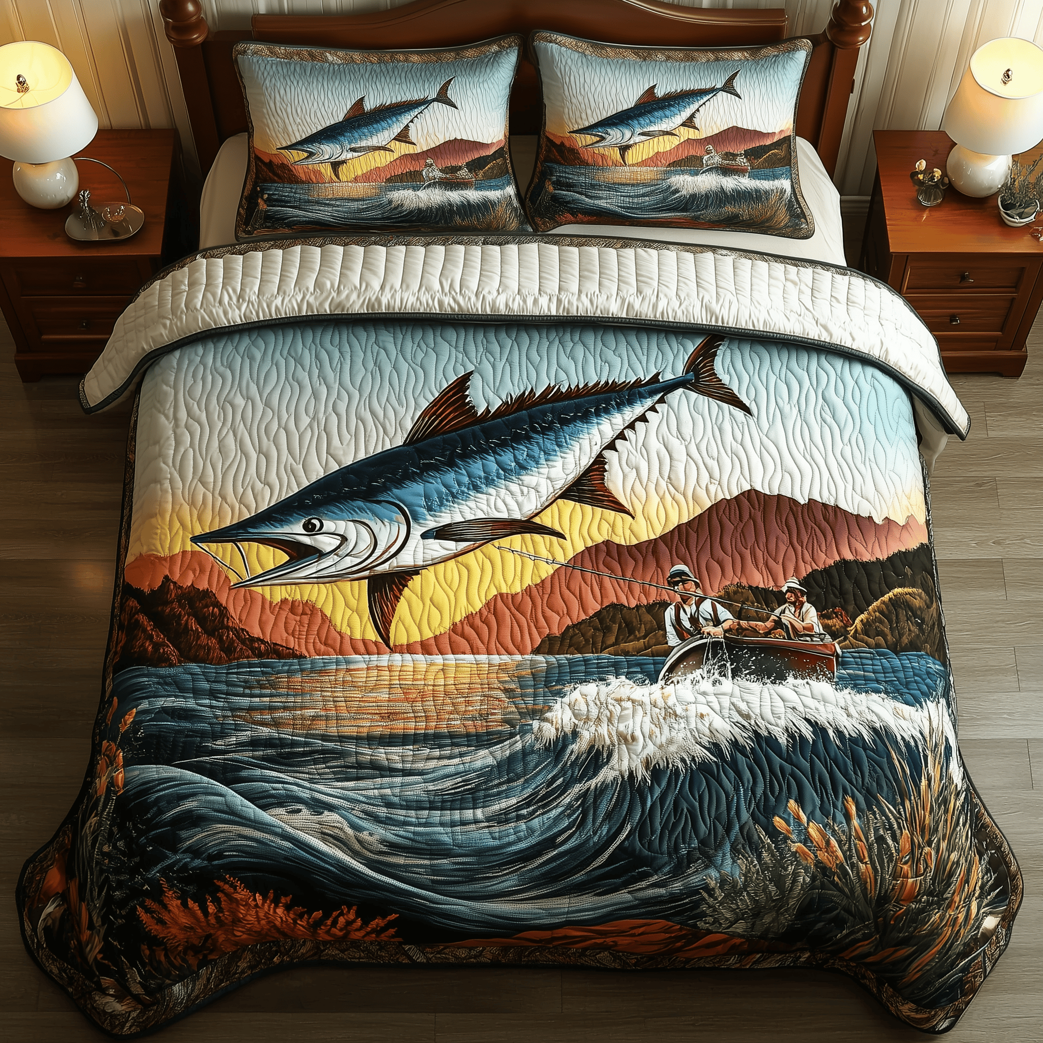 Twilight Fishing Quilted Bedding Set Unique Fishing Gifts