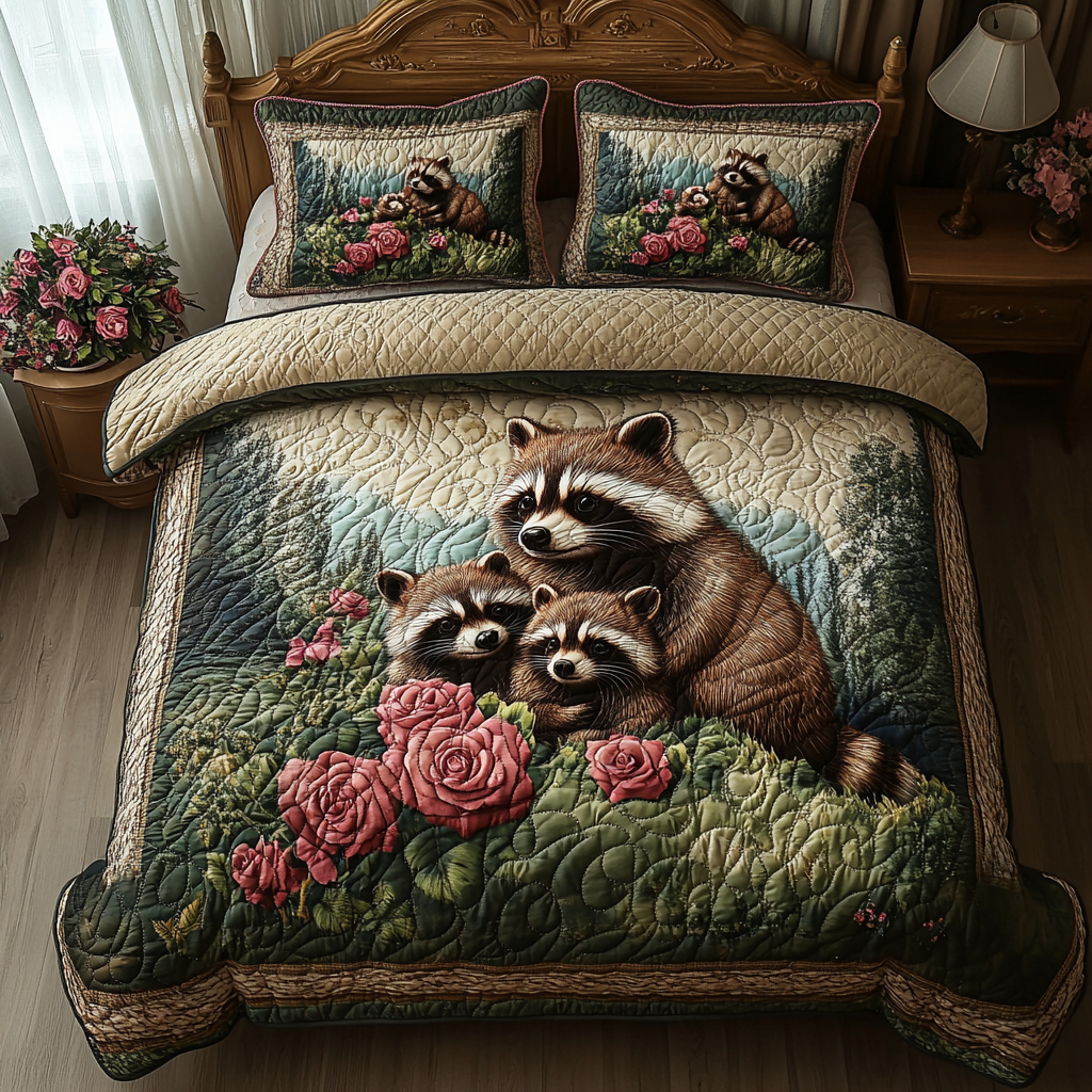 Twilight Forager Quilted Bedding Set Best Bedspread Set Gifts Raccoon Lovers