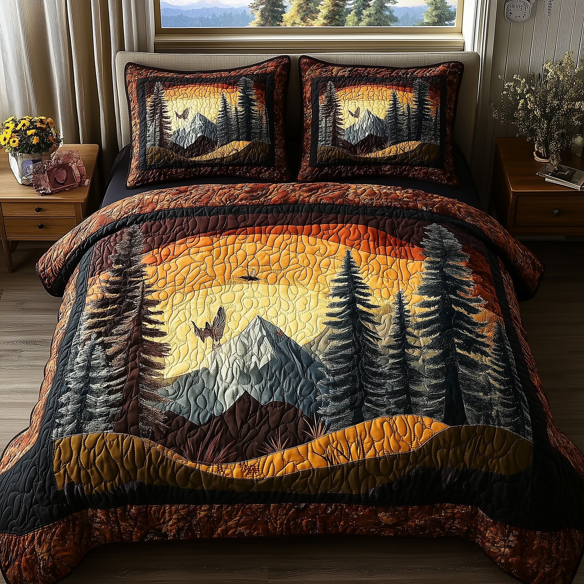 Twilight Forest Quilted Bedding Set Pine Tree Landscape Sunset Scene Bedding Gifts