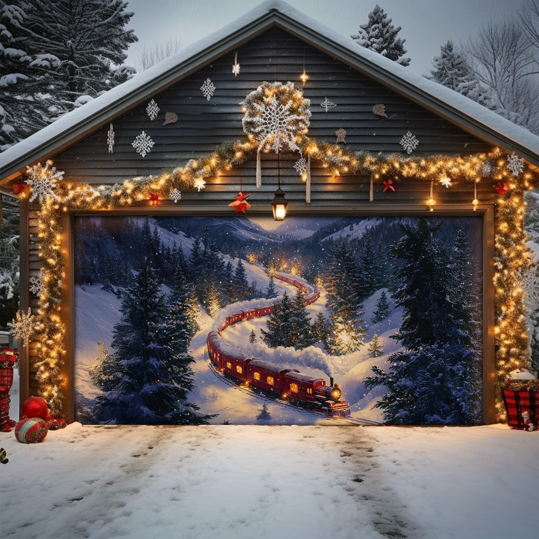 Twilight Holiday Train Christmas Garage Door Cover Home Decor Festive Gifts For Friends