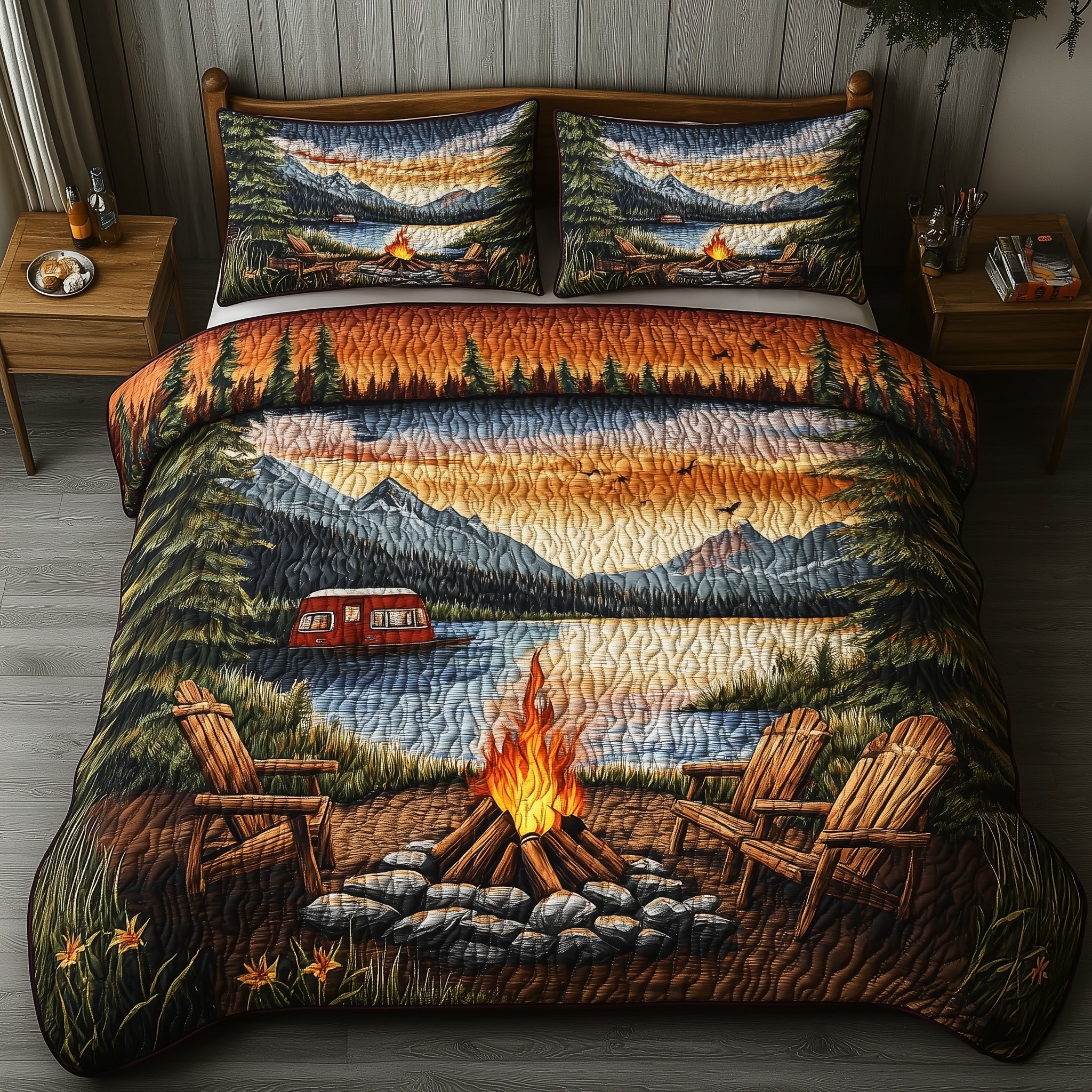 Twilight Lake Escape Quilted Bedding Set Duvet Cover Bed Sheet Great Presents For Camping Lovers