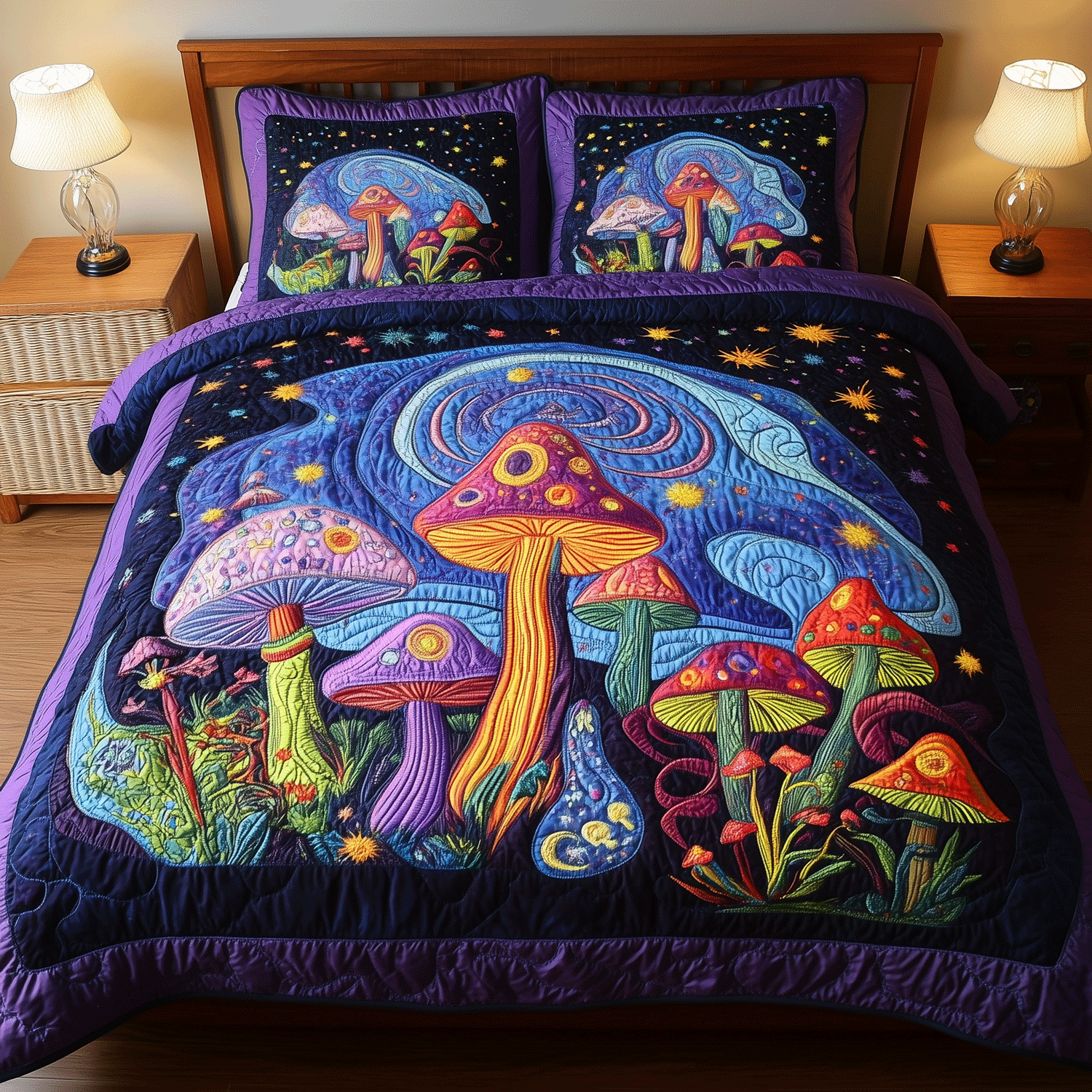 Twilight Mushroom Garden Quilted Bedding Set Personalized Bedding Set Gift for Couples
