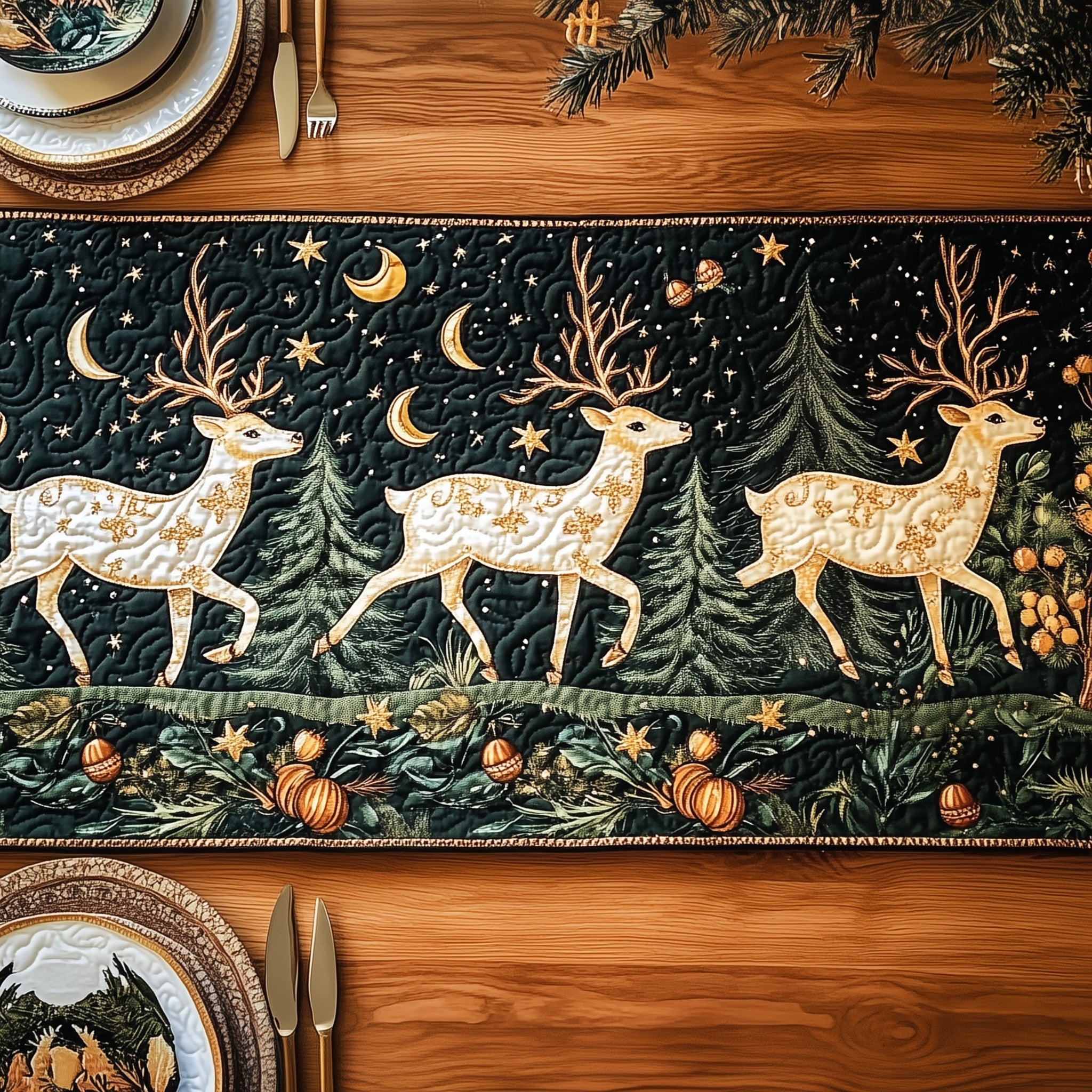 Twilight Reindeer Run Quilted Table Runner Christmas Dining Room Table Runner