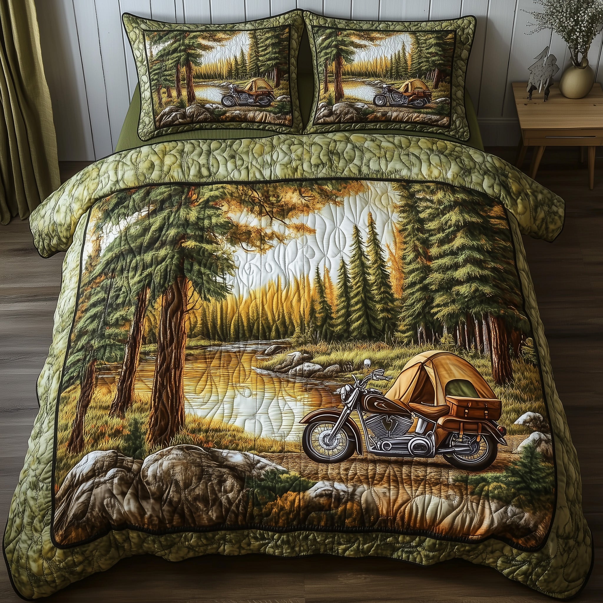 Twilight River Dreams Quilted Bedding Set Duvet Cover Merchandise Gift Ideas For Motorcycle Lovers