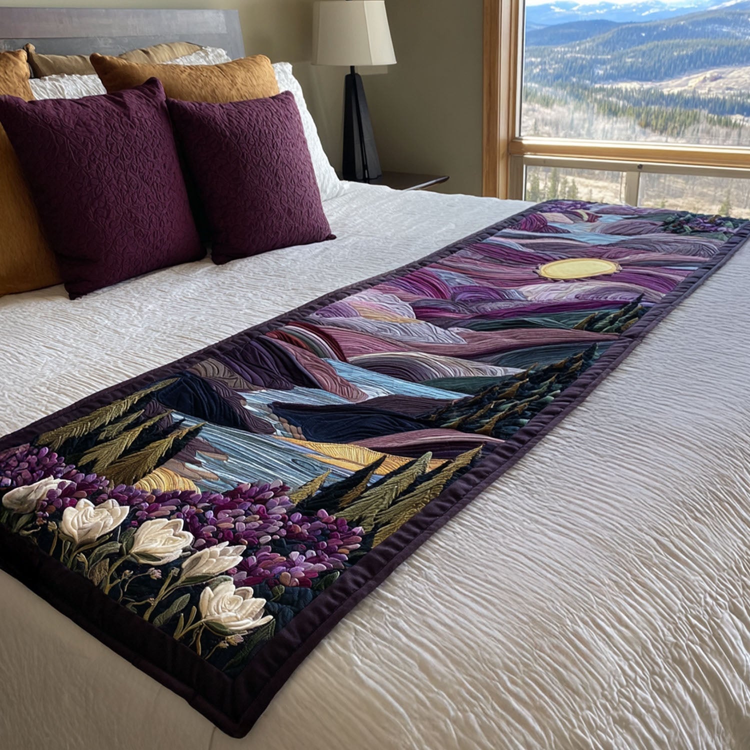 Twilight Serenity Quilted Bed Runner Bedroom Decor Gifts For Flower Enthusiasts