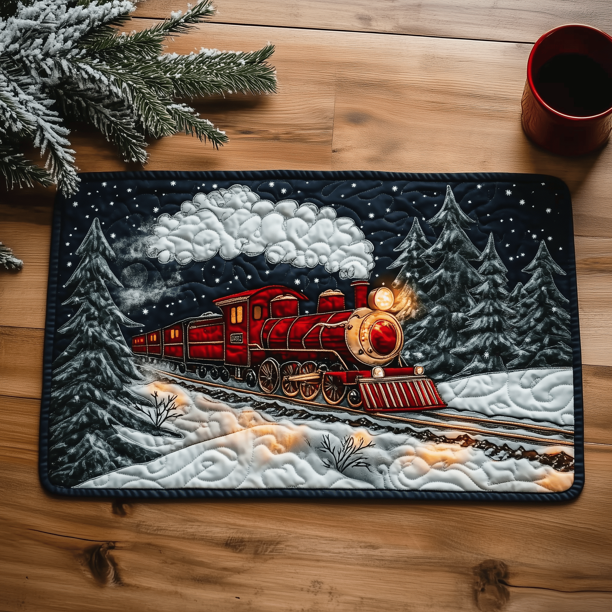 Twilight Snow Express Quilted Placemat Wipeable Fabric Xmas Holiday Placemat Best Christmas Presents