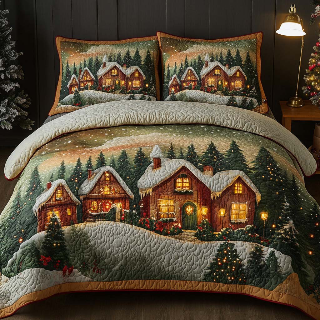Twilight Village Quilted Bedding Set Queen Size Quilt Cozy Holiday Gift For Parents