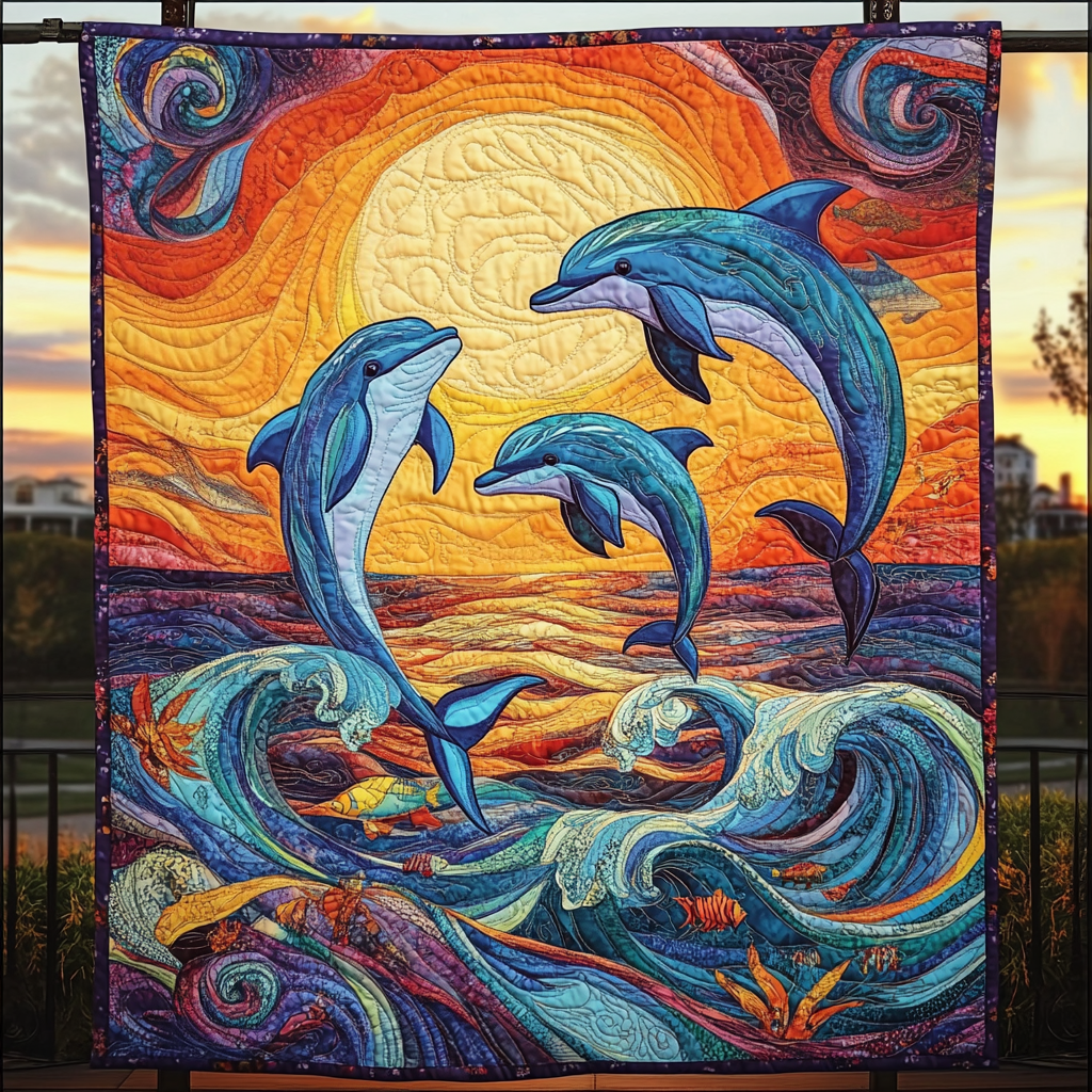 Twilight Waves Quilted Blanket Best Gifts For Dolphin Owners