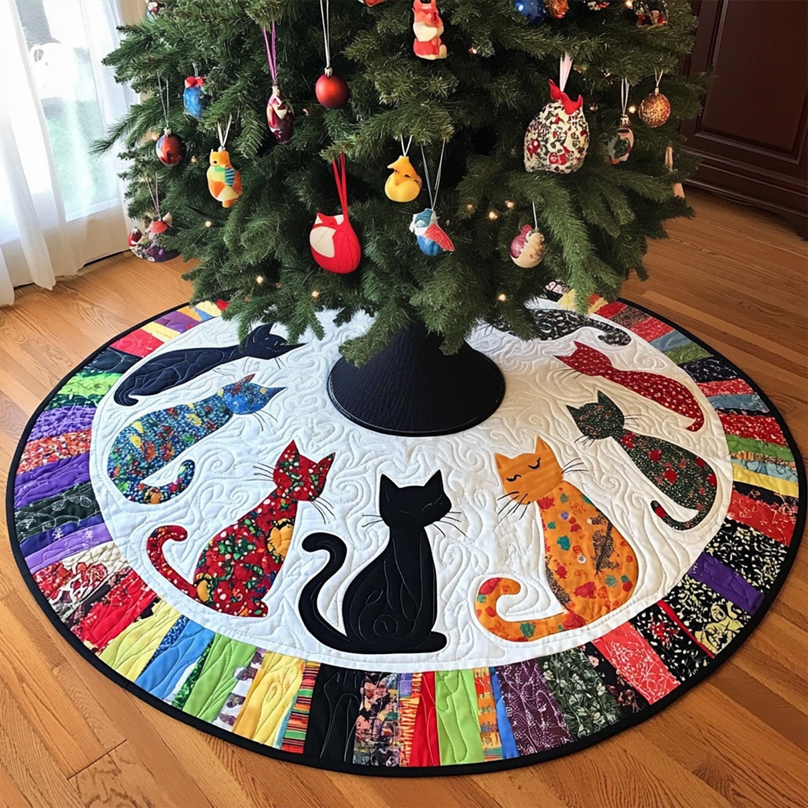 Twilight Whiskers Quilted Christmas Tree Skirt Festive Tree Base Cover Festive Christmas Home Styling