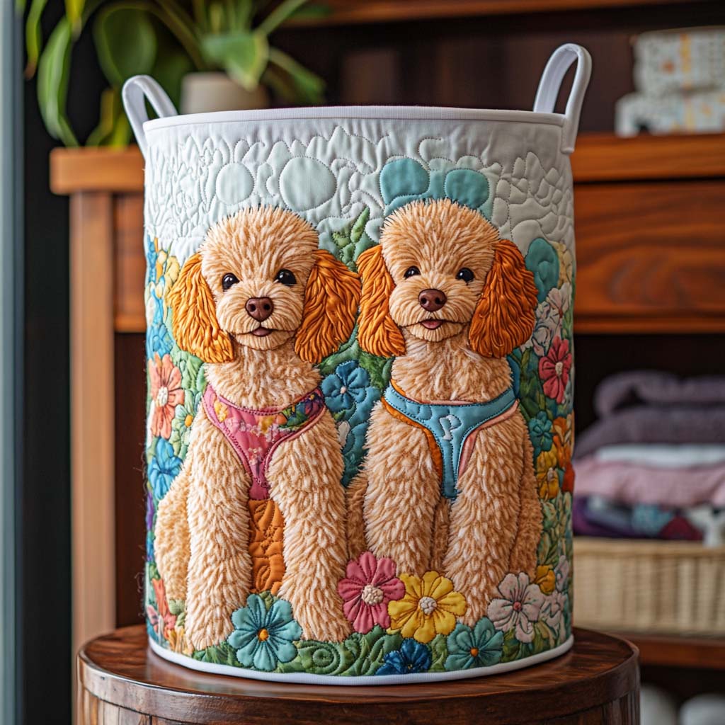 Twin Blossom Poodles Quilted Laundry Basket Luxury Quilted Laundry Bin Gift for Organized Living