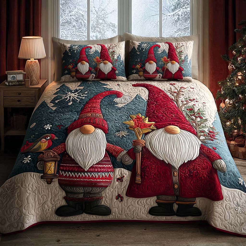 Twin Gnomes Quilted Bedding Set Twin Bed Sheets Winter Gift For Pet Lovers