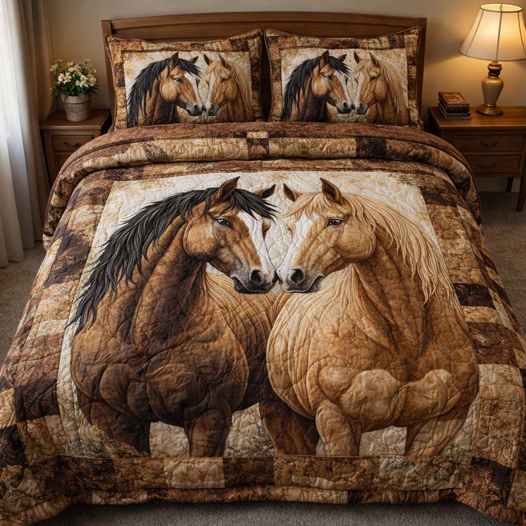 Twin Horses Quilted Bedding Set Wild Horse Bedroom Decor Best Gift For Horse Lovers