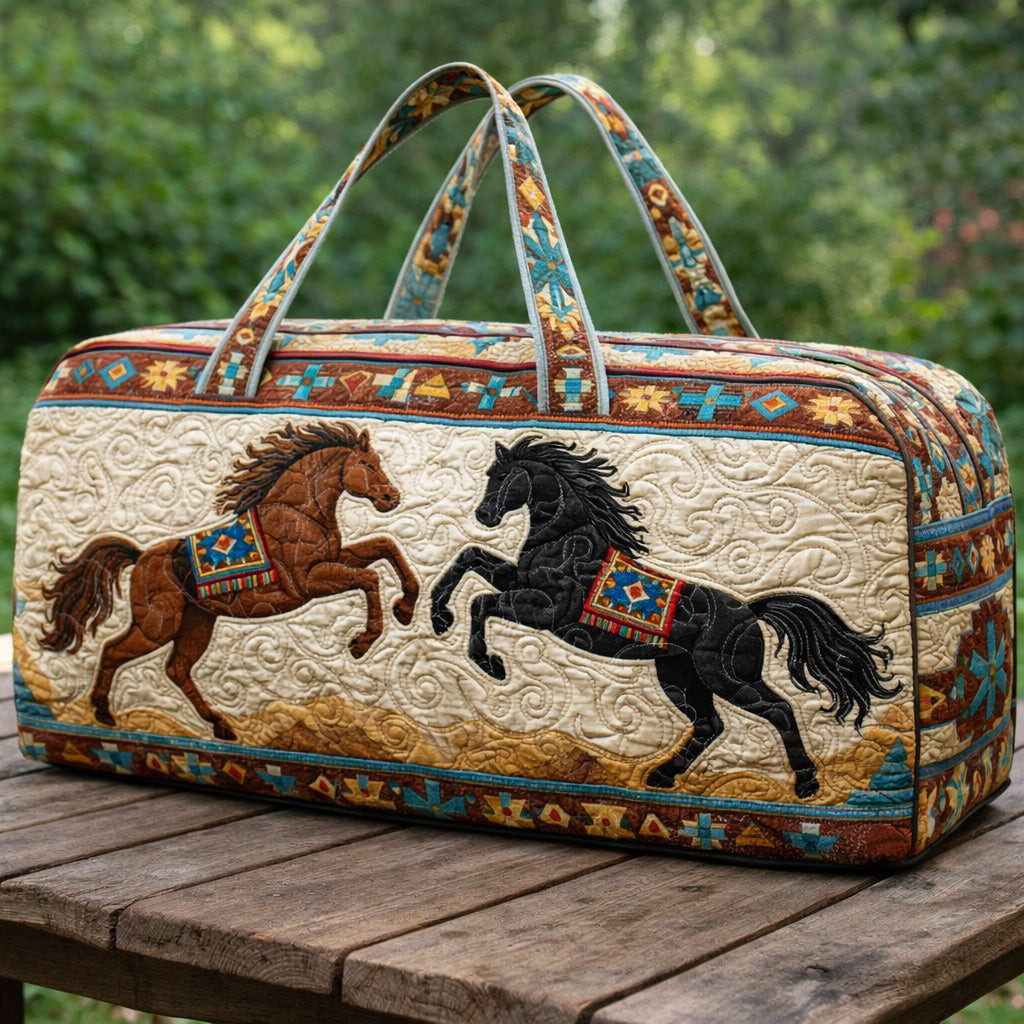 Twin Horses Quilted Duffle Bag Aztec Native Western Cowgirl Best Gift For Horse Lovers