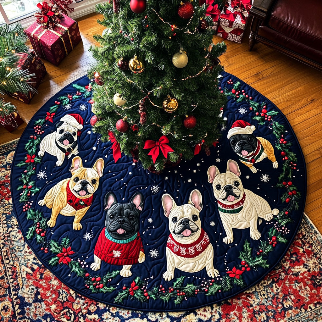 Twinkle Frenchie Lights Quilted Christmas Tree Skirt Popular Gift Merch for Christmas Enthusiasts