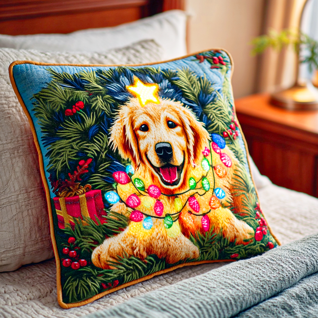Twinkle Light Golden Quilted Pillow Case Holiday Pillow Case Golden Retriever Christmas Decoration