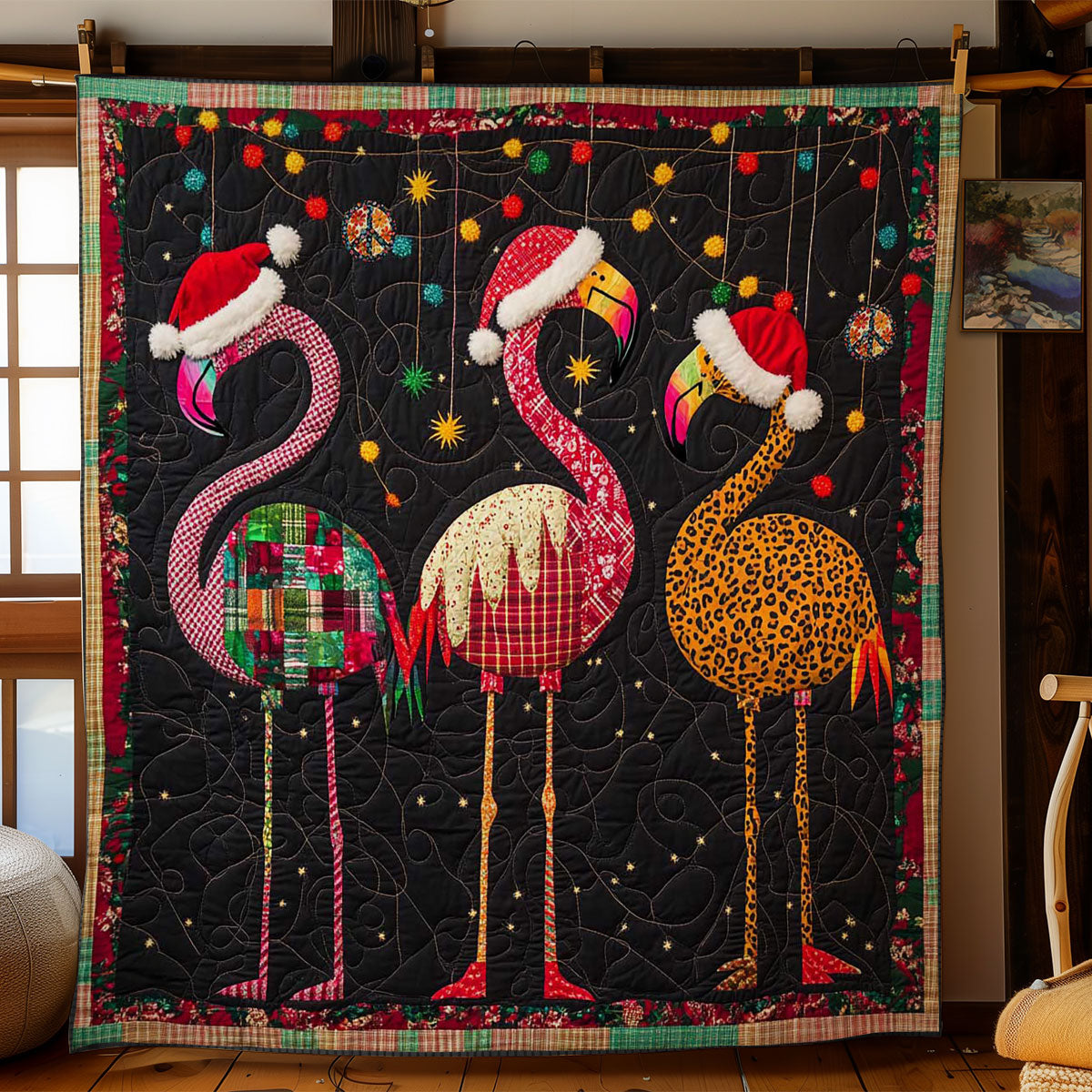 Twinkling Flamingo Christmas Quilt Unique Quilt Blanket Gift for Special Occasions
