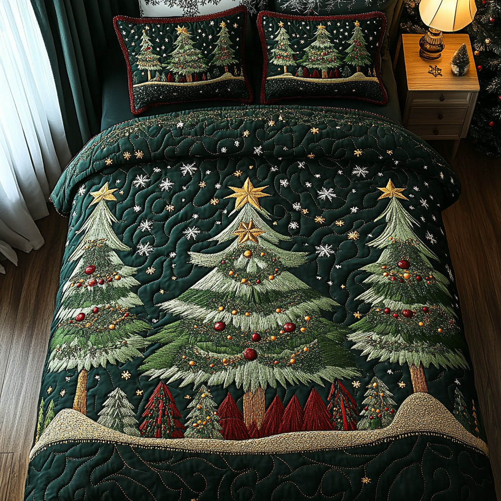 Twinkling Trees Quilted Bedding Set Christmas Bedding King Father Son Christmas Gifts