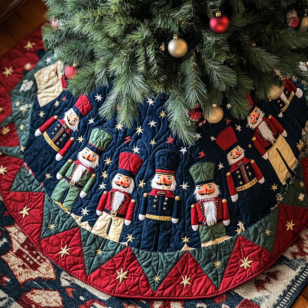Twirling Nutcracker Magic Quilted Christmas Tree Skirt Lovely Gift Merch for a Festive Home