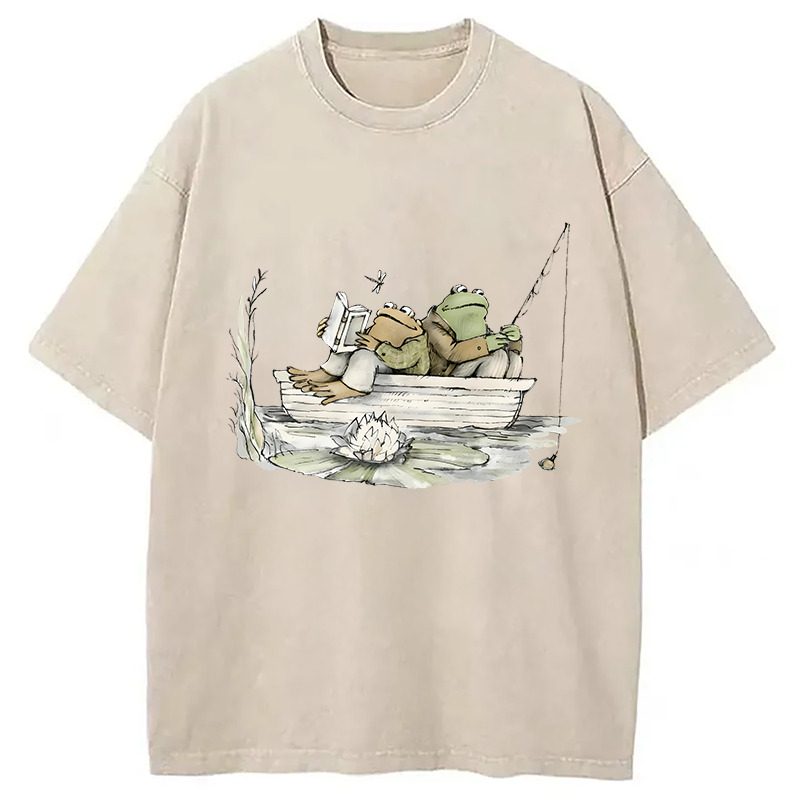 Two Frogs 90s Vintage Fishing Washed T-Shirt Cool Graphic Tee For Men Women Gifts For Besties