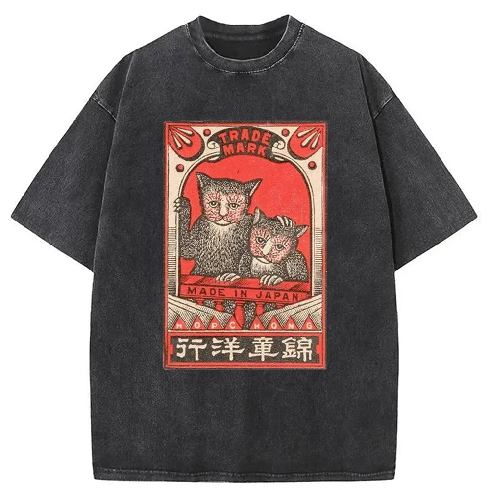 Two Kittens Japanese Washed T-Shirt Funny Aesthetic Trendy Apparel Gifts For Besties
