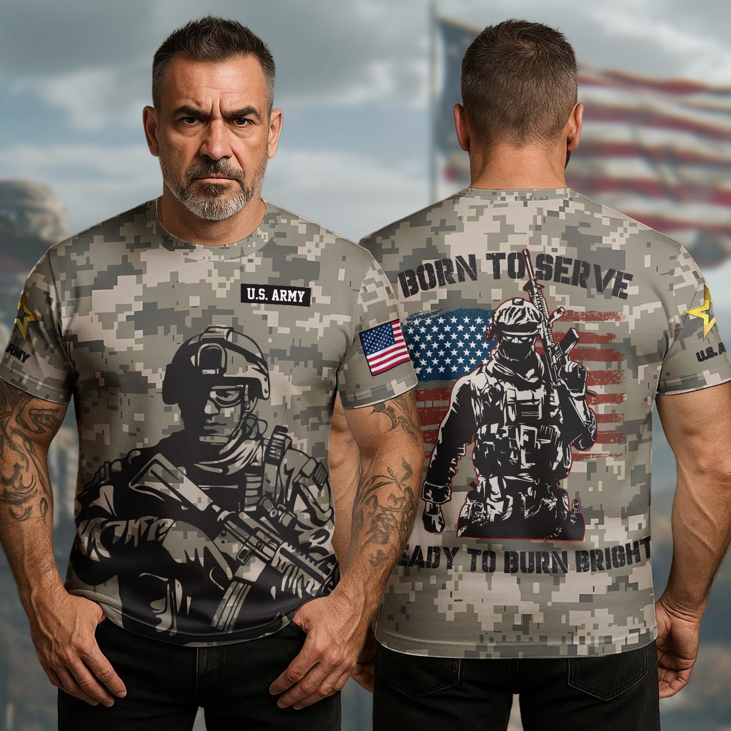 U.S Army Veteran 250Th Anniversary T-Shirt Born To Serve Ready To Burn Bright Military Clothing