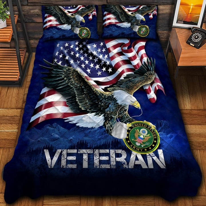 U.S Army Veteran Quilted Bedding Set Duvet Cover Bedspread Eagle Dog Tag America Veteran Gifts