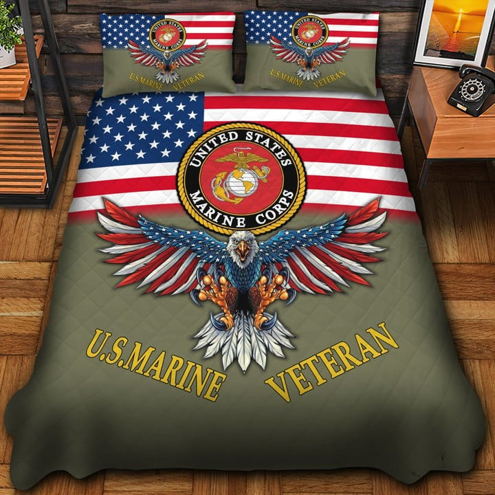 U.S Marine Veteran Quilted Bedding Set Duvet Cover Bedspread Eagle USA Flag Veteran Gifts