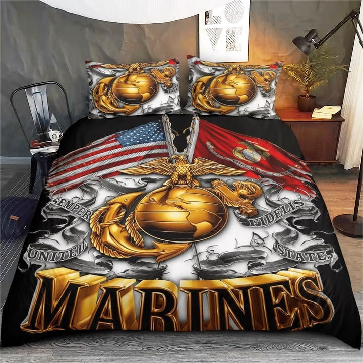 U.S Marines Veteran Quilted Bedding Set Duvet Cover Bedspread Semper Fidelis Veteran Gifts