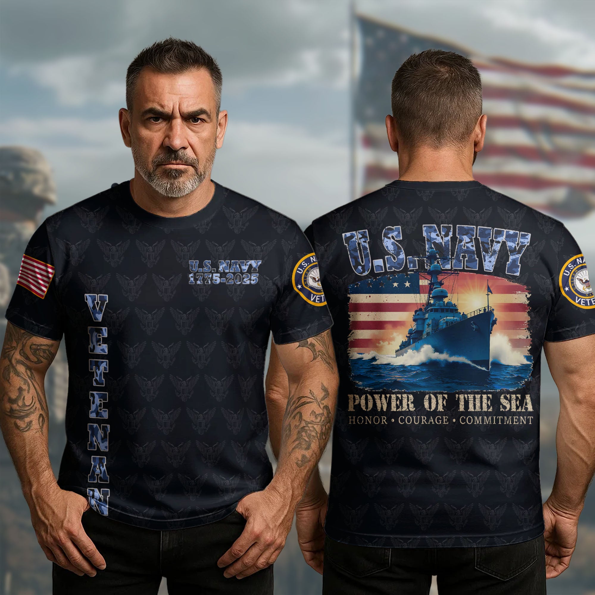 U.S Navy T-Shirt Power Of The Sea Driven By Honor Courage And Commitment Veteran Clothing