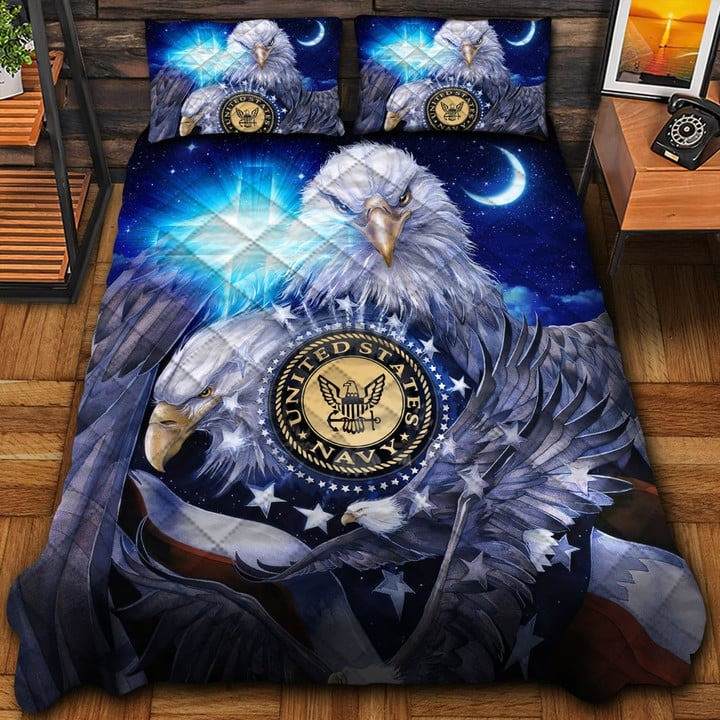 U.S Navy Veteran Quilted Bedding Set Duvet Cover Bedspread Eagle Cross Faith Military Gifts