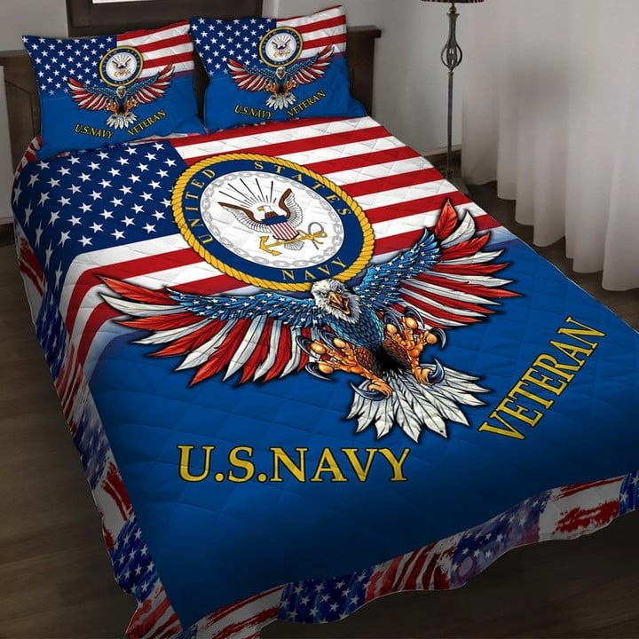 U.S Navy Veteran Quilted Bedding Set Duvet Cover Bedspread Eagle USA Flag Army Veteran Gifts