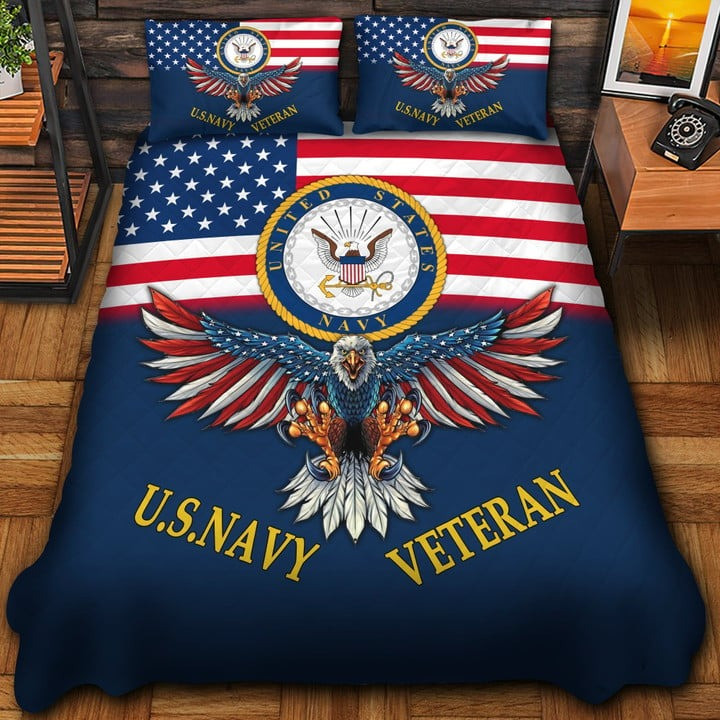 U.S Navy Veteran Quilted Bedding Set Duvet Cover Bedspread Eagle USA Flag Bedroom Decor Gifts