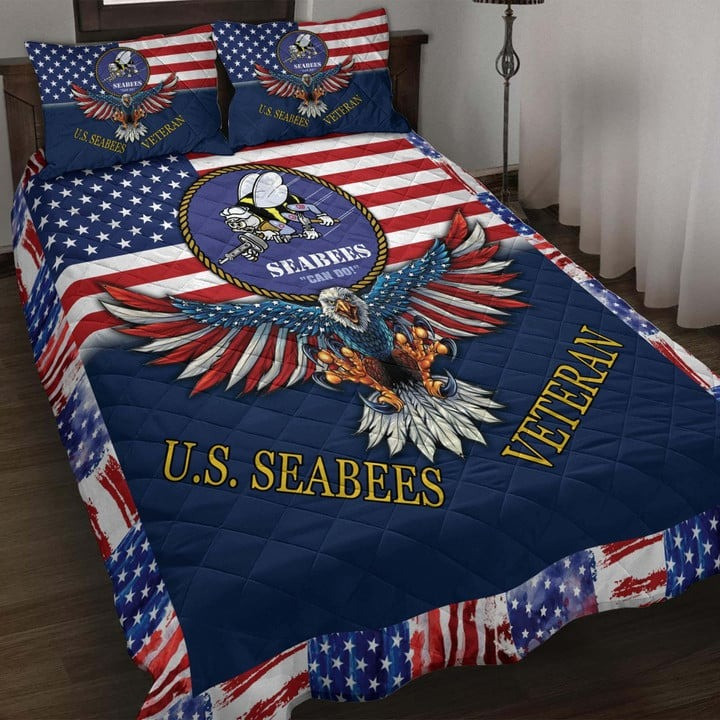 U.S Seabees Veteran Quilted Bedding Set Duvet Cover Bedspread Eagle USA Flag Veteran Gift Ideas