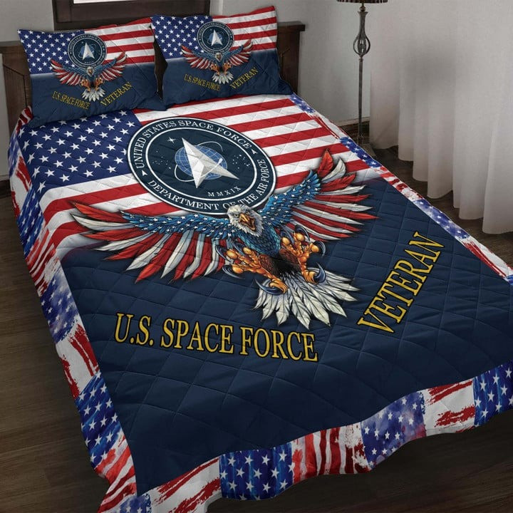 U.S Space Force Veteran Quilted Bedding Set Duvet Cover Bedspread Eagle USA Flag Veteran Gift Ideas