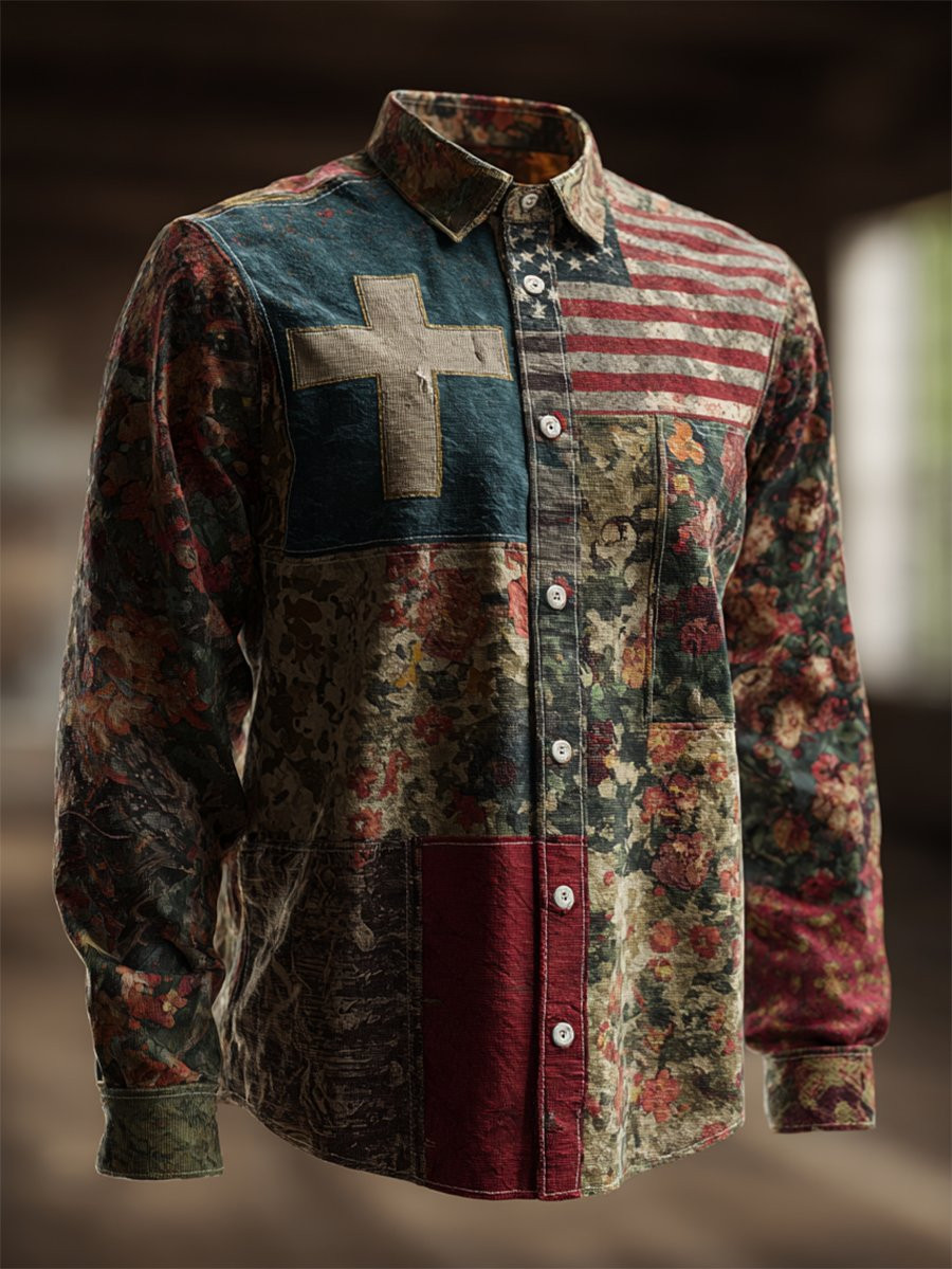 U.S Veteran Button Long Sleeve Faith American Flag Freedom Defender Clothing Gifts For Patriots